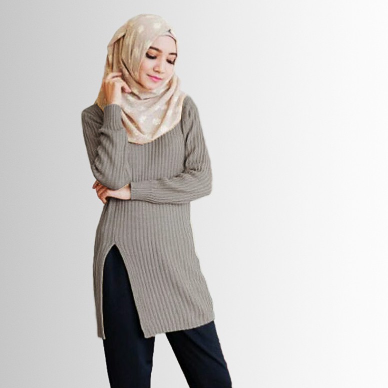Slit Jalur Rajut Blouse Atasan Tunik Wanita Lengan Slit Jalur Rajut Blouse Atasan Tunik Wanita Lengan