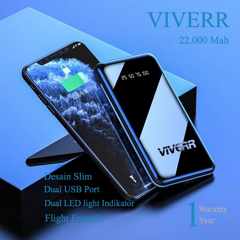 Powerbank Viverr 22.000 Mah SUPER SLIM With DUAL DOUBLE LED lampu Resmi 1 Tahun murah berkualitas