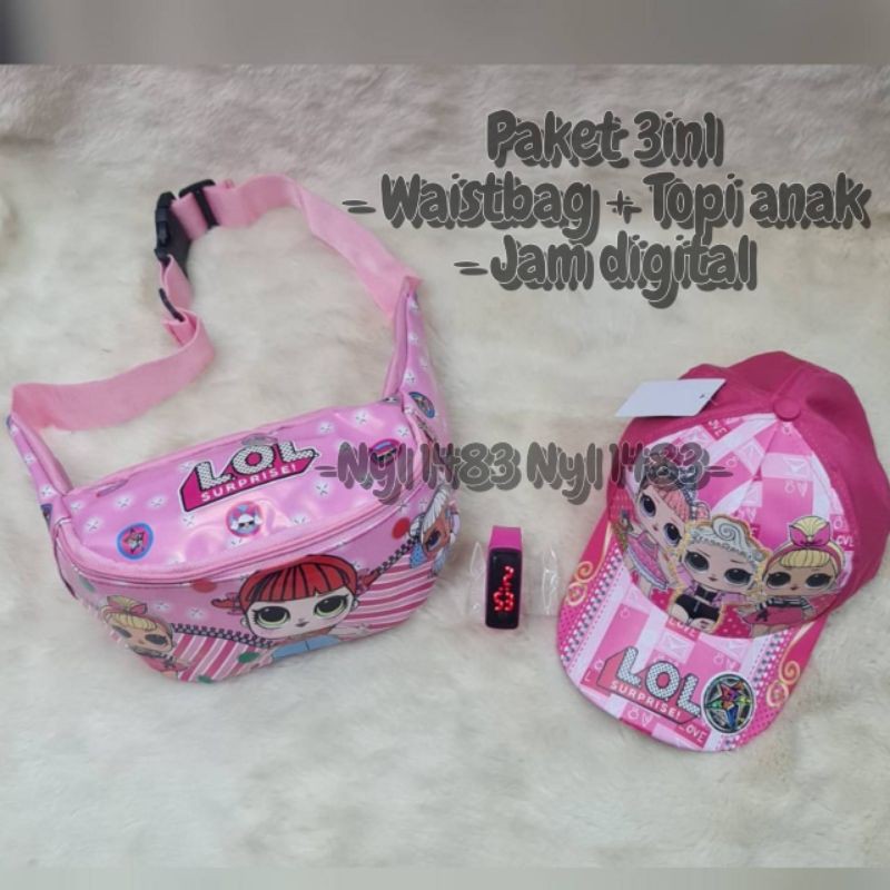 Paket 3in1 tas selempang waistbag + topi anak / jam tangan digital