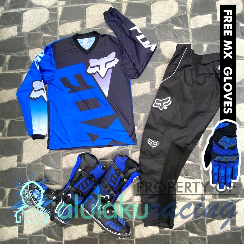 Jersey, Celana, Sarung Tangan &amp; Sepatu Fullprint with Protectors Fullset MX Trail Motocross - Paket Bundling FOCTFG060106-F46