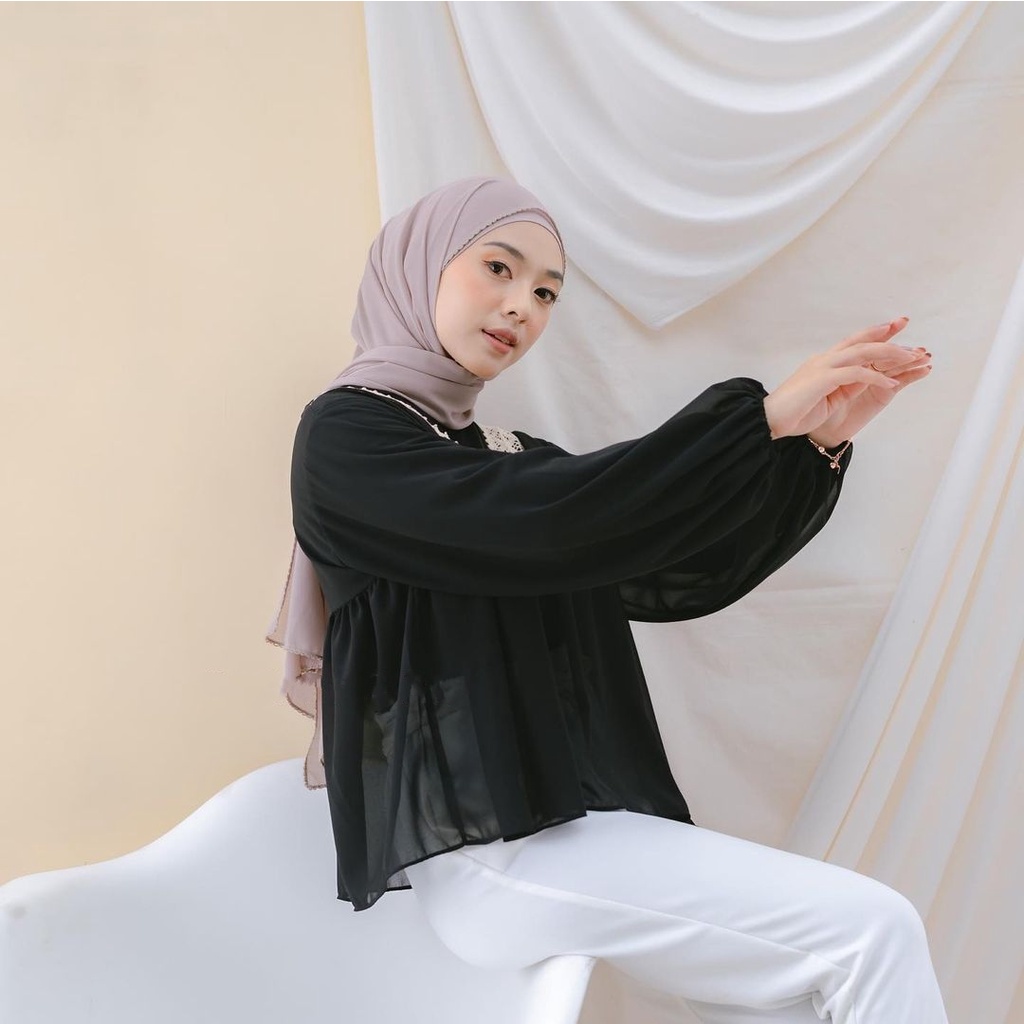 Ayuka Blouse Atasan Wanita Muslim Lengan Panjang Mix Renda Bahan Ceruty Babydoll / Blus Remaja / Baju Muslim Wanita / Blus Casual / Blouse Murah