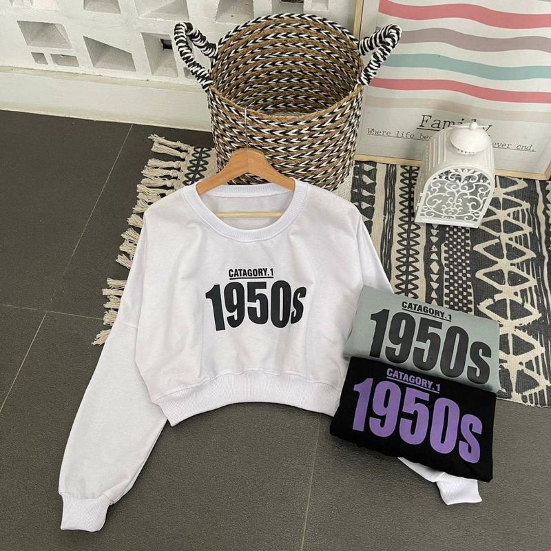 1950S Sweater Crop Oversize Wanita | Crewneck Crop Basic Oversize Korean Style | Sweater Croope