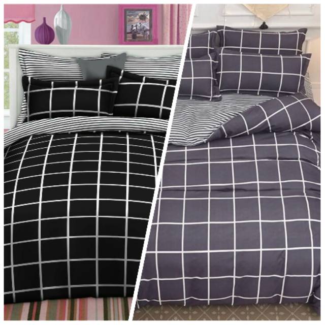 Bed Cover Set Kotak Kombinasi Garis Katun Premium Catra Warna Hitam Dan Abu Shopee Indonesia