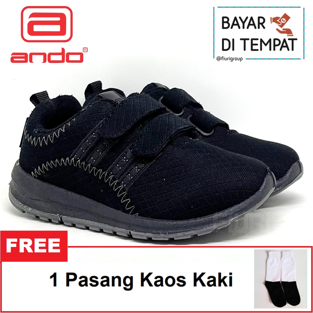 FIURI - ANDO ORIGINAL -  PLANO PEREKAT 29-32 FULL HITAM - SEPATU SNEAKERS KANVAS SOL KARET ANAK KECIL PEREMPUAN LAKI-LAKI - SEPATU KETS LUCU FASHION TRENDY - SEPATU SEKOLAH PAUD TK SD KRETEKAN PEREKAT CEWEK COWOK MURAH PROMO DISKON BONUS KAOS KAKI