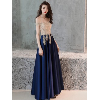 Gaun malam Navy gaun pesta mode biru navy