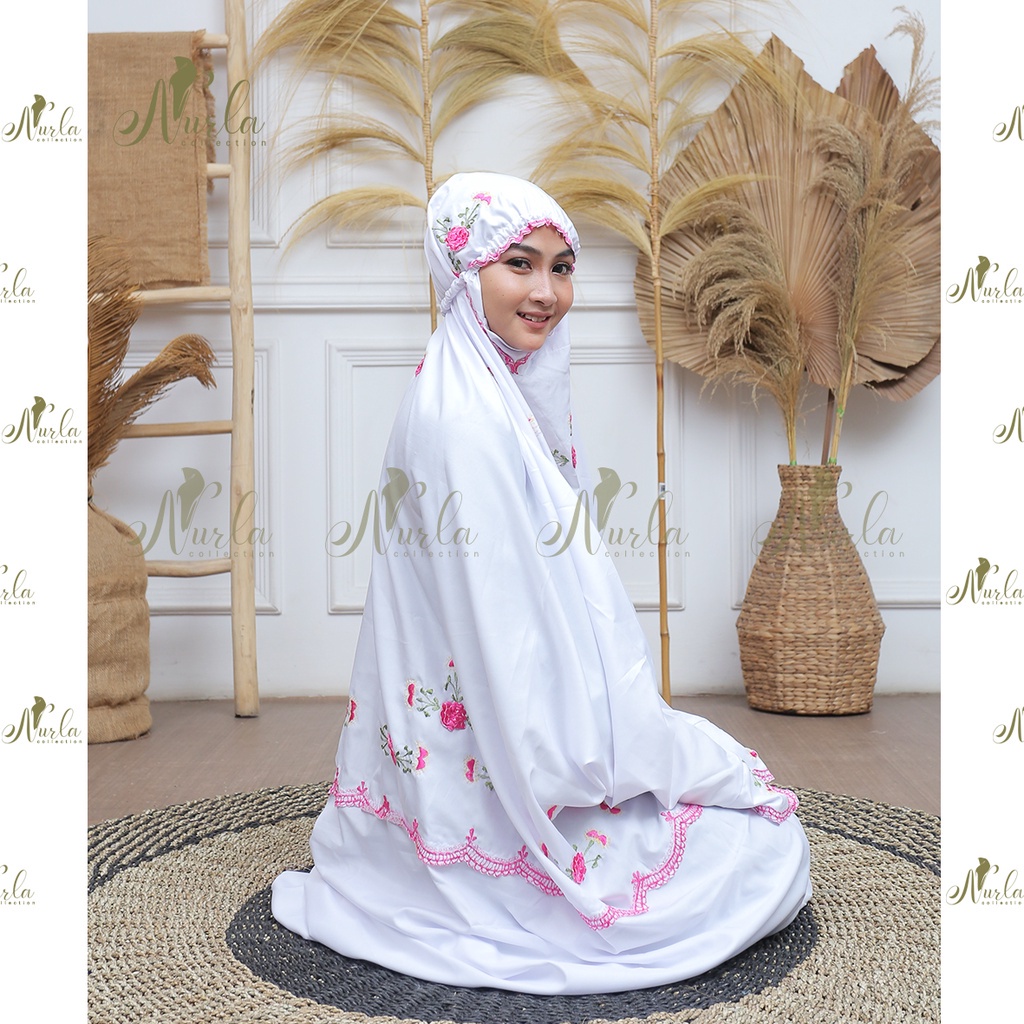 Mukena Terusan Bordir Komputer Kudusan Bunga Mawar Timbul Bertumpuk Katun Mikro