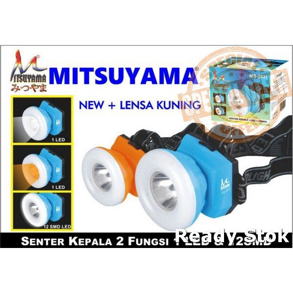 Senter Kepala Mitsuyama Putih &amp; Kuning MS-2031 Murah berkualitas Headlamp Donut 1 LED + 12 SMD