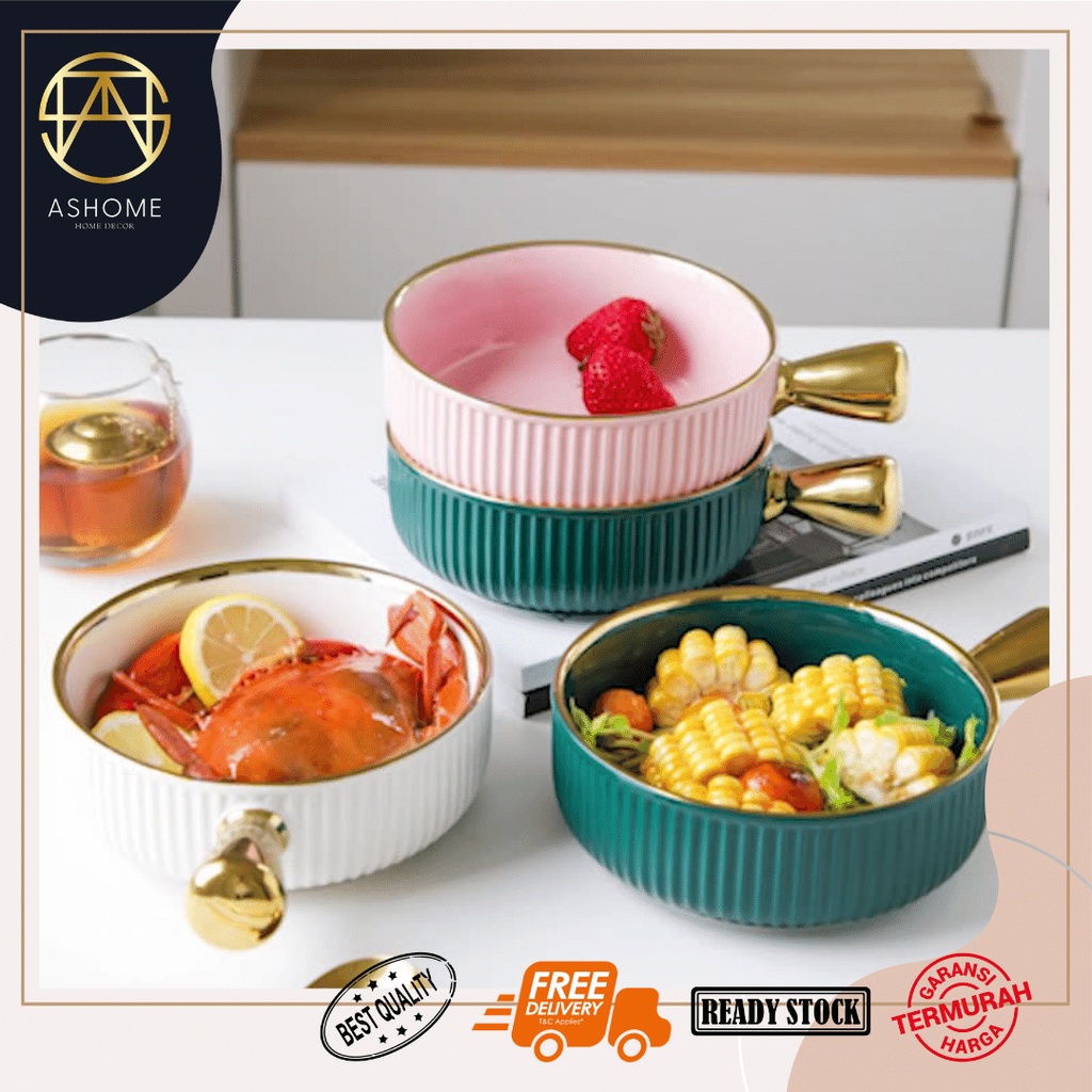 ASHOME Mangkok Gagang Keramik Motif Garis Pumpkin Dengan Gagang Warna Emas / Panci Gagang Keramik / 