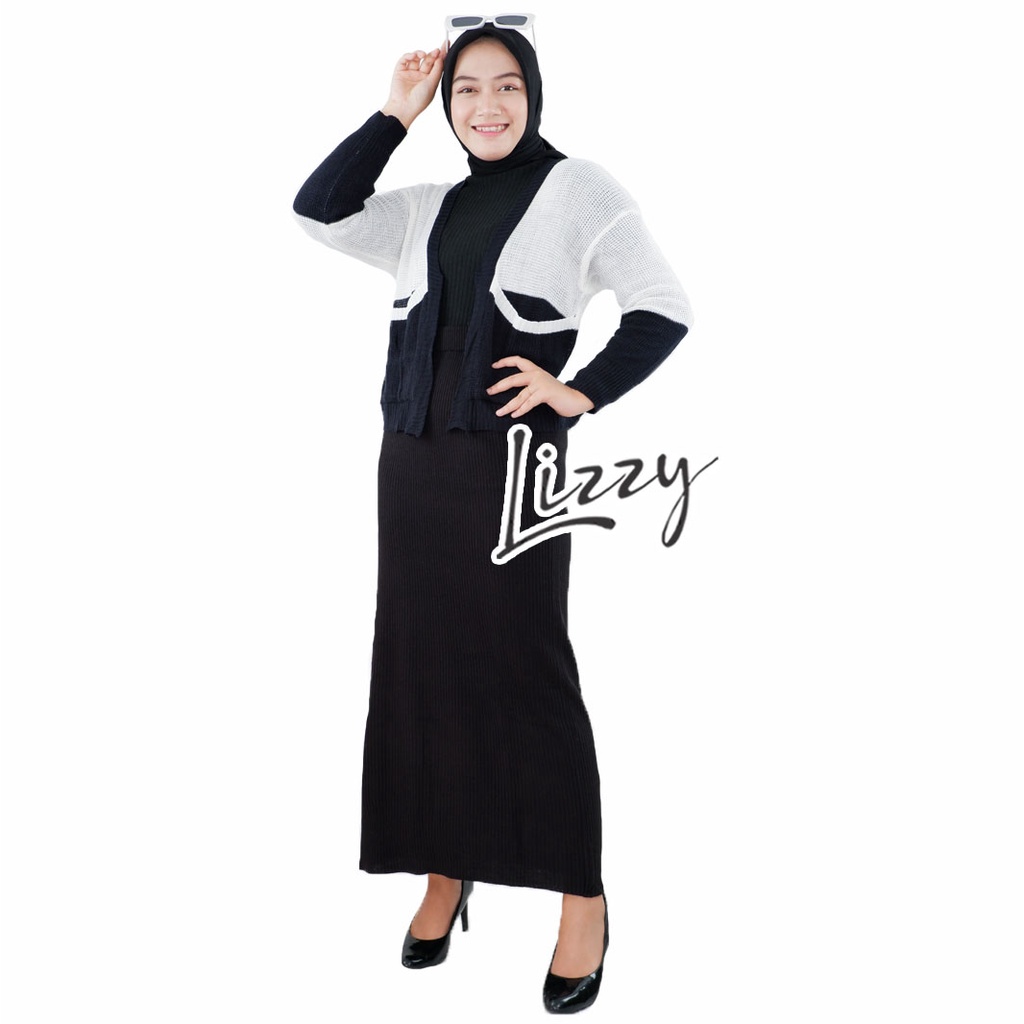 Lizzy - ONE SET RAJUT TWO TONE CARDIGAN DAN ROK KNIT PREMIUM