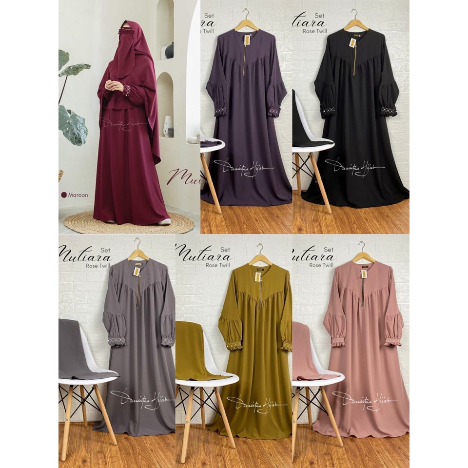 Damaira Hijab Mutiara Set Gamis syari Rose Twill Khimar Ped Antem