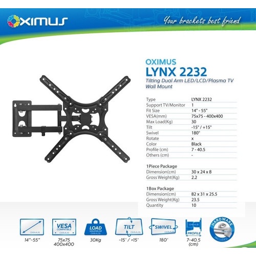 Bracket TV LED Monitor Oximus Lynx 2232 22&quot; - 55&quot; 100x100mm-400x400mm