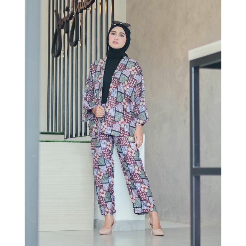 OUTER BATIK KIMONO FULL SET CARDIGAN &amp; CELANA PANJANG CANTIK