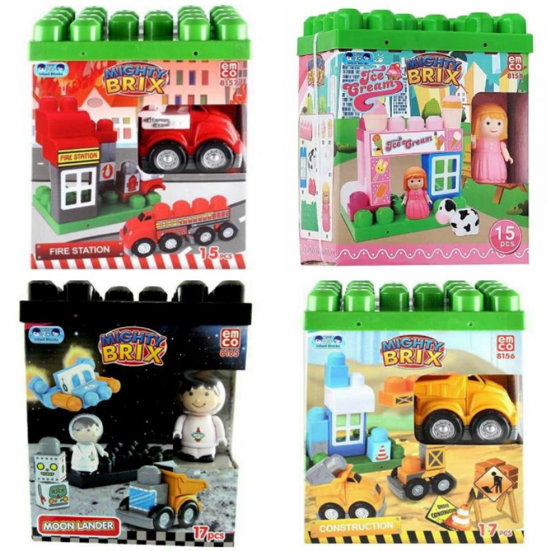 Mighty Brix Emco Construction, Ice Cream, Moon Lander, Fire Station Sale