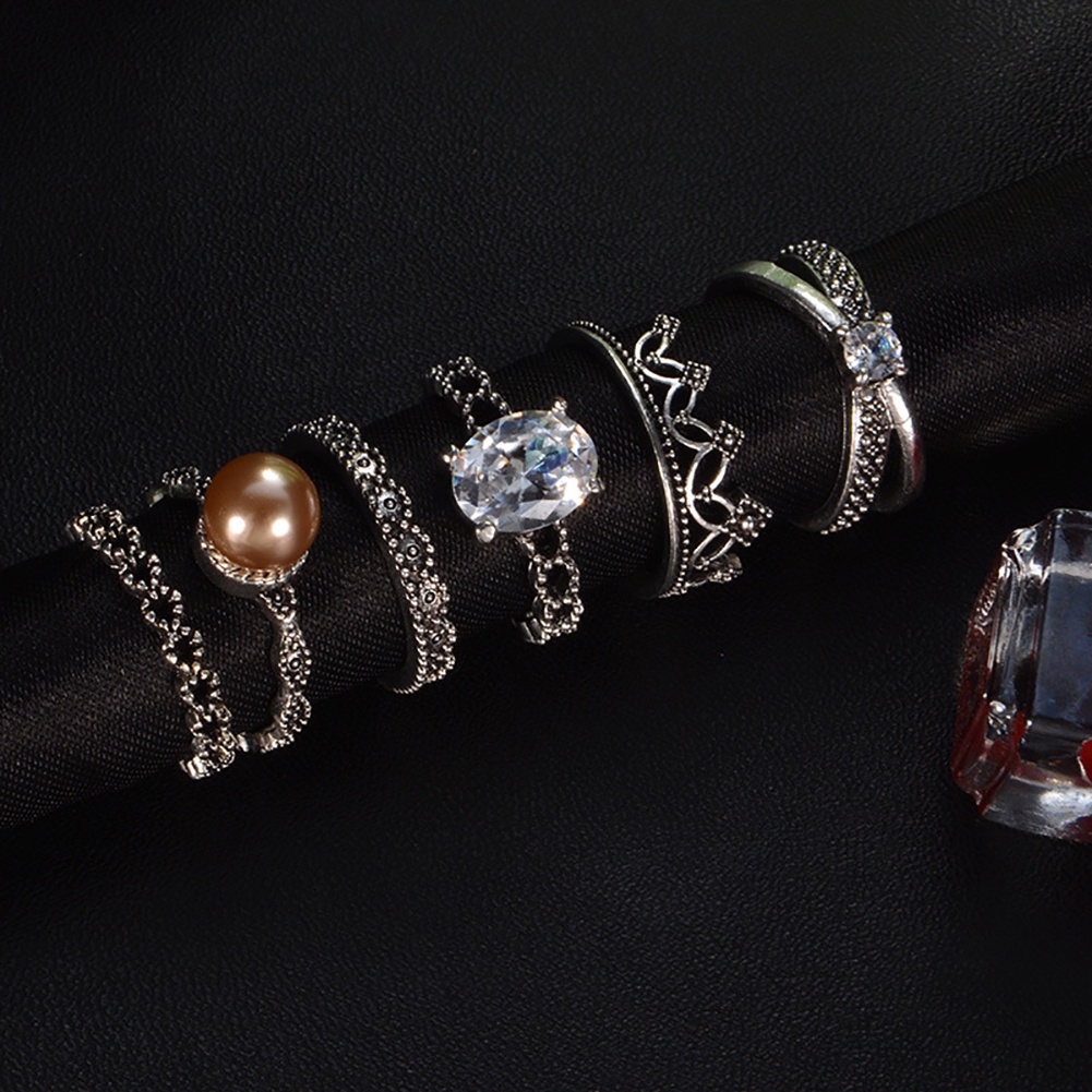 Hu Hu Hu Hu Hu Alat Bantu Pasang Kacamata♡ 6pcs Cincin Buku Jari Aneka Bentuk Warna Silver Gaya Retro Untuk Wanita