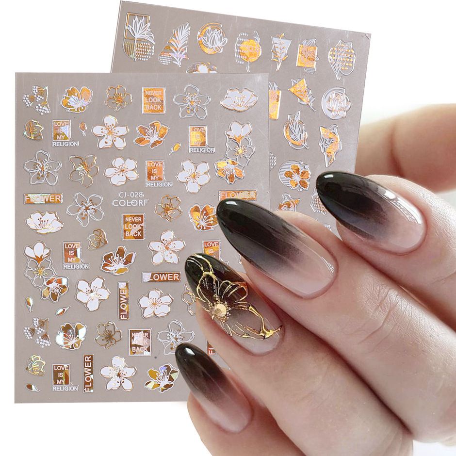 STICKER GOLD WHITE FLOWER LEOPARD NAIL STICKER / HIASAN NAILART STICKER PALING LARIS GAYA JEPANG STICKER GOLD METAL