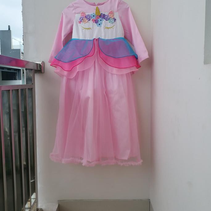( BISA COD ) Baju Muslim Gamis Anak Unicorn Satin Tulle Bordir Pink - Size 95 - 2 Thn BOOM SALE