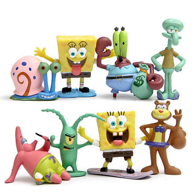 8pcs / Set Mainan Boneka Model Kartun Spongebob Bahan Pvc Untuk Hadiah Anak