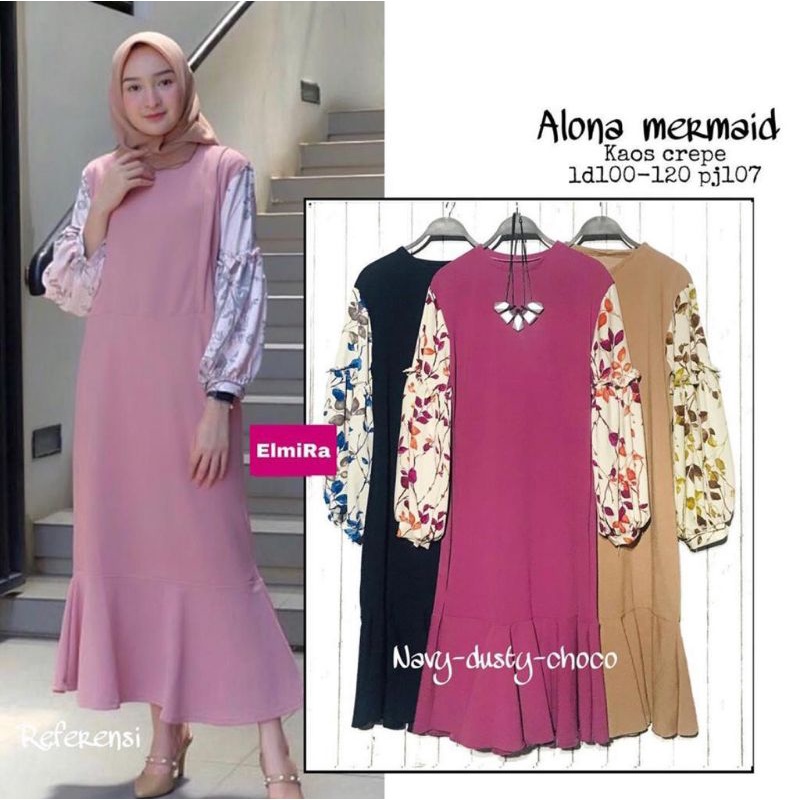 ALONA MERMAID BY ELMIRA / MIDI WANITA MUSLIMAH / Dress midi motif pakaian wanita