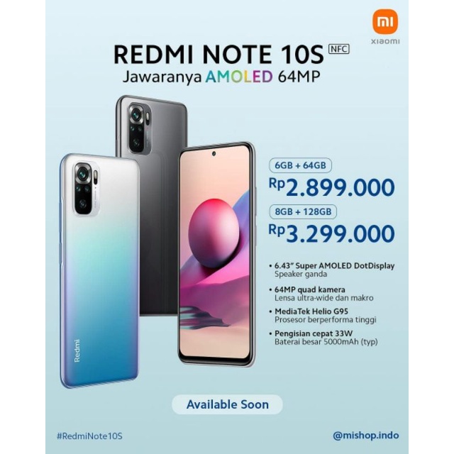 HP XIAOMI NOTE 10 S 10S NOTE10S NOTE10 S RAM 8GB 8/128 GARANSI RESMI FREE ANTIGORES HYDROGEL ANTI GORES