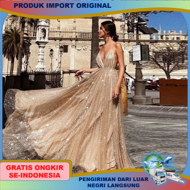 Terusan perempuan Eropa Amerika Terbaru Gaun Wanita style V-Leher Tali pundak atasan cewek seksi Dre