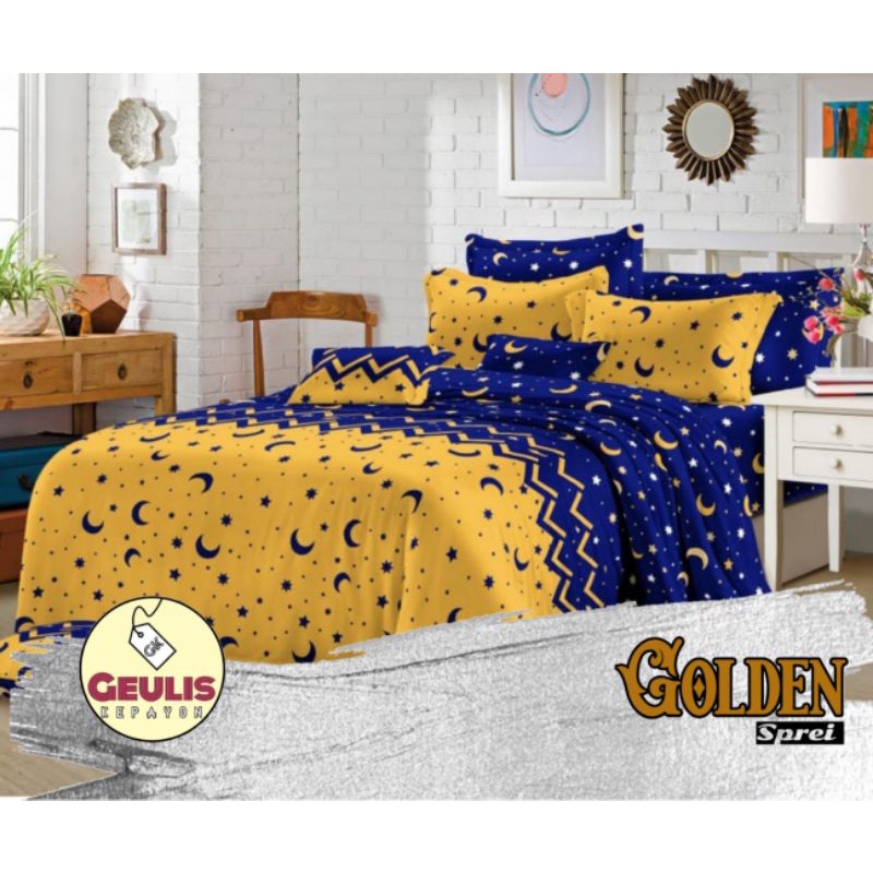 SPREI MOTIF BULAN BINTANG, SETELAN 2 BANTAL 1 GULING, WARNA BIRU KUNING, BAHAN KATUN HALUS, TIDAK LU