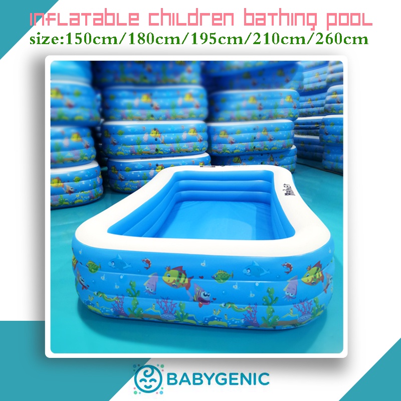 BABYGENICMALL【 100% ready COD】Kolam renang karet jumbo kolam renang anak  keluarga muat 1-7 orang untuk mandi dan bermain kualitas tinggi anti bocor ada gelembung bawah. [ gratis pompa listrik ] SIZE 140CM/145CM/195CM/200CM/260CM