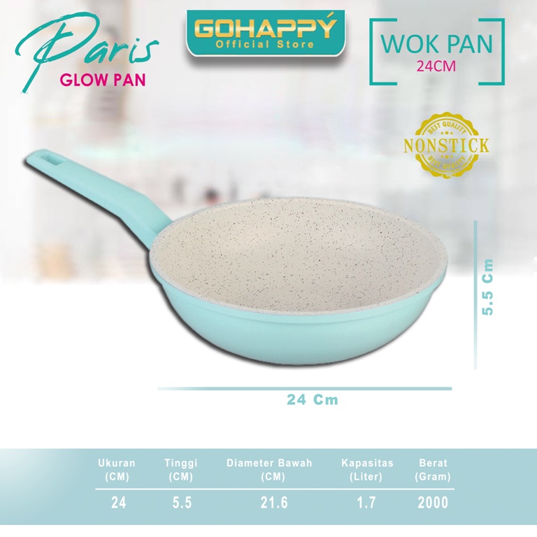 WOK Glowpan Panci Gohappy Paris GHP10 TOSCA Wajan Penggorengan anti lengket marble putih BPA-FREE Termurah