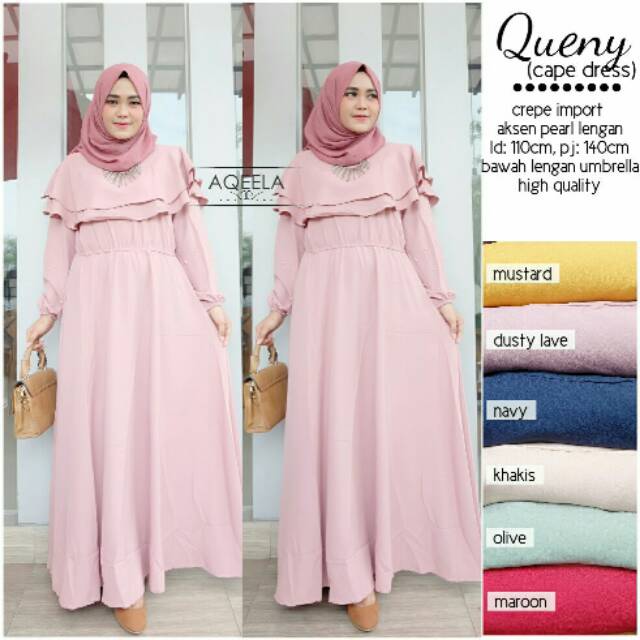 DRESS WANITA AKSEN MUTIARA DI LENGAN CAPE DRESS WARNA LENGKAP BERLABEL AQEELA