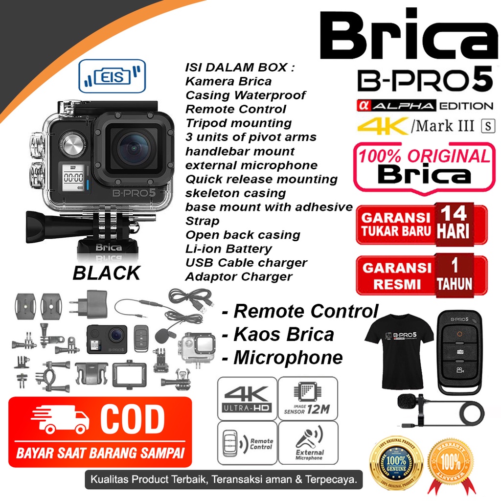 Brica B-Pro 5 Alpha Edition Action Cam AE3S -  AE Basic - AE Lite - AE1 4K - AE2 - AE2S - Kamera Brica-AE3S BLACK + TSHIRT