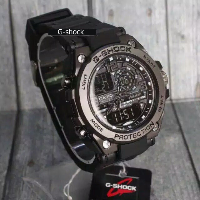 LIMITED FULL BLACK !!! JAM TANGAN PRIA CASIO GSHOCK G-SHOCK GST 8600 G-8600 DUATIME METAL ANTI AIR FULLHITAM FULL BLACK