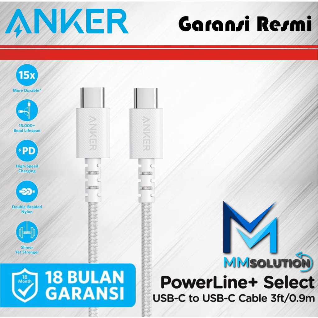 Kabel Charger Anker Powerline Select+ C to C 2.0 3ft - A8032 - Hitam