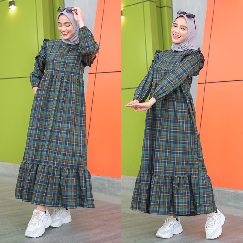 Rereyshop Lydia Dress Kotak Oxford Tebal  Adem Korean Dress Wanita Terlaris