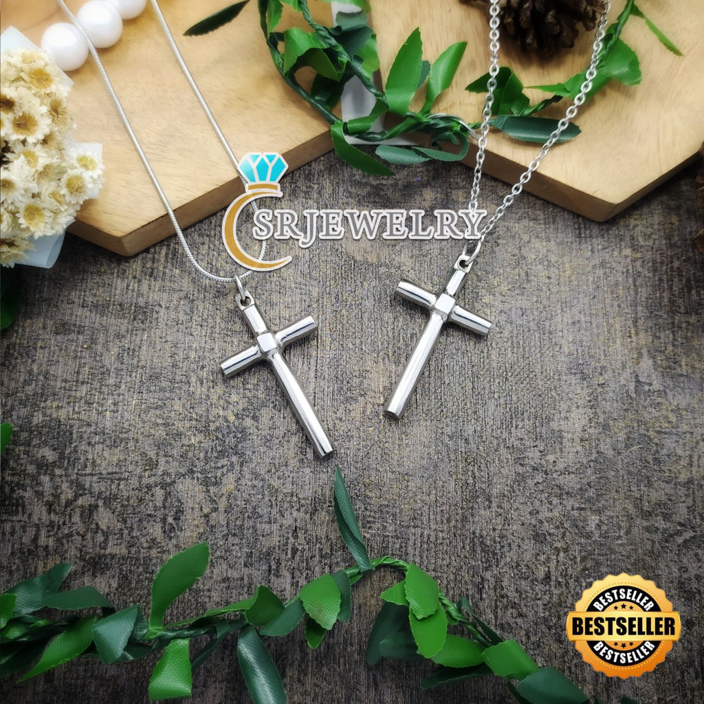 Kalung Salib Perak Putih Polos Cewek Cowok Bahan Titanium