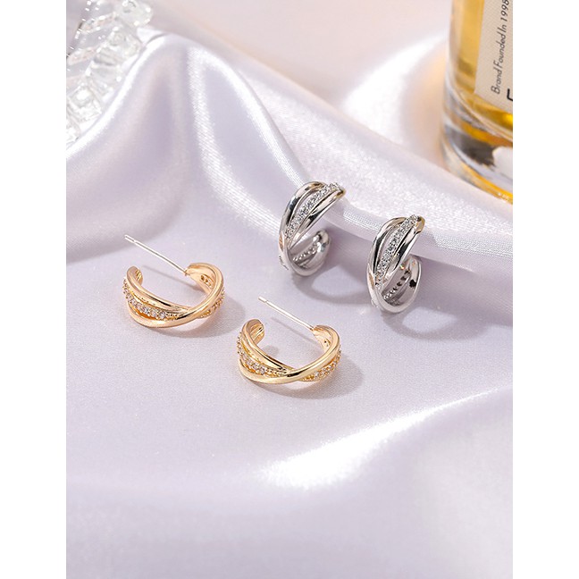 LRC Anting Tusuk Fashion Gold Color Cross Braided Twist And Micro Inlaid Zircon P9050-