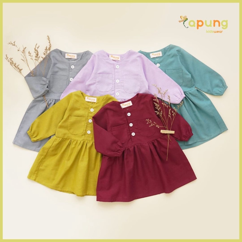 (Capung Kidswear) Dres Anak Polos Katun Rami Tangan Panjang Kimiko (1-6 tahun)