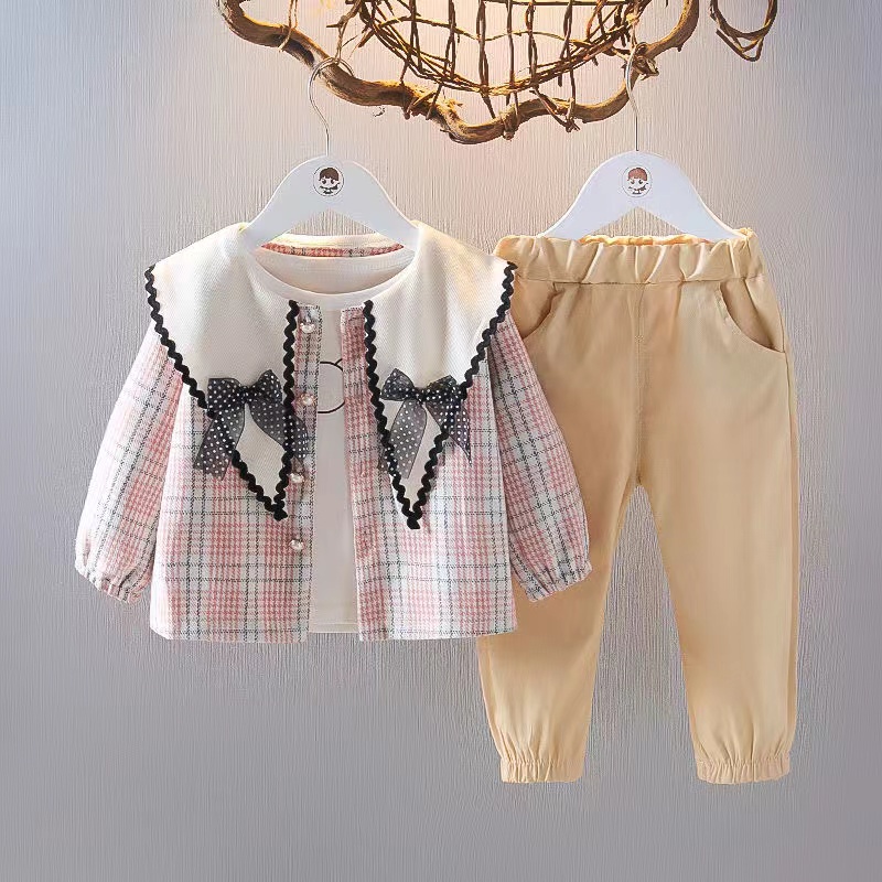 KF CAT Setelan Anak Perempuan  Fashion Kotak-Kotak Lengan Panjang+Blazer+Celana Panjang 3in1Korea Import Umur 1-4 Tahun-7