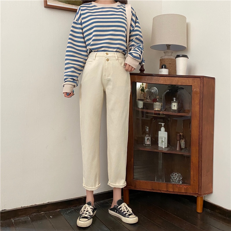 New krem korean style celana jeans high waist wanita boyfriend