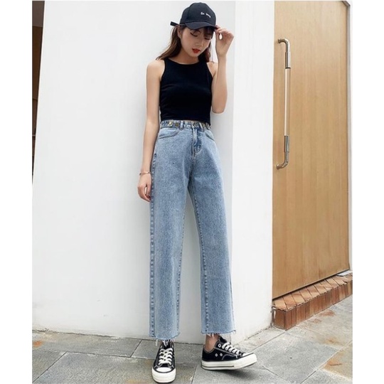 New diimpor fashion celana panjang perempuan high-waist lurus-kaki Premium celana jeans