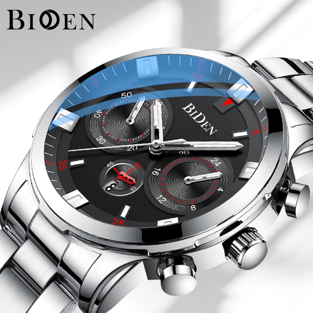 BIDEN Jam Tangan Pria Anti Air Mode Bisnis Jam Tangan Pria Original Suasana Dial Luminous Display Tali Stainless Steel Jam Tangan