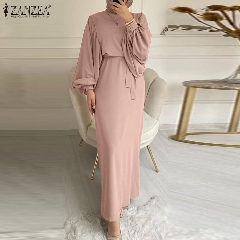 ZANZEA Women Vintage Lace-up Solid Puff Sleeve O Neck Muslim Long Dress