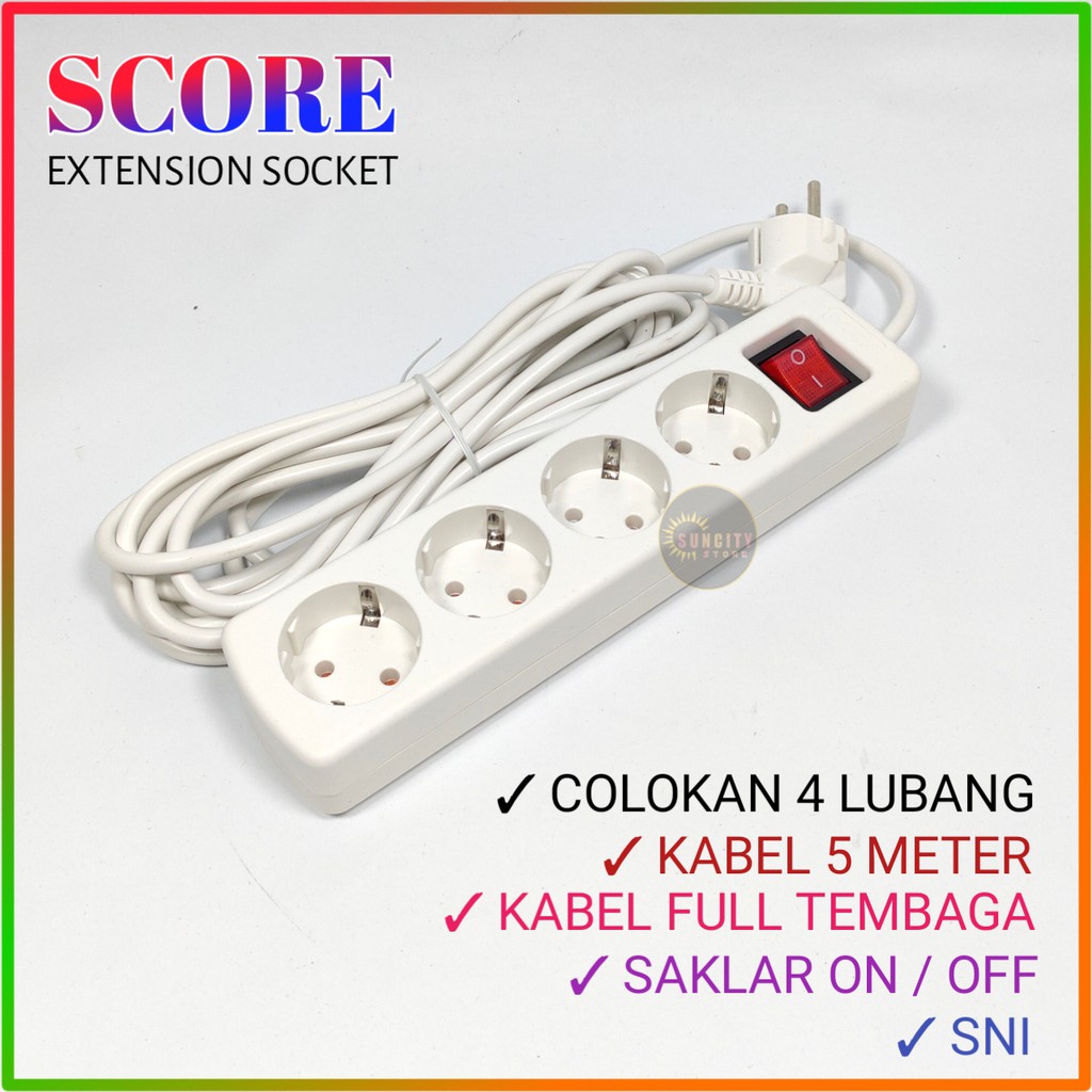 Score Stop Kontak 4 Lubang + Kabel 1.5M , 3M , 5M / Extension Socket Dengan Saklar ON/OFF