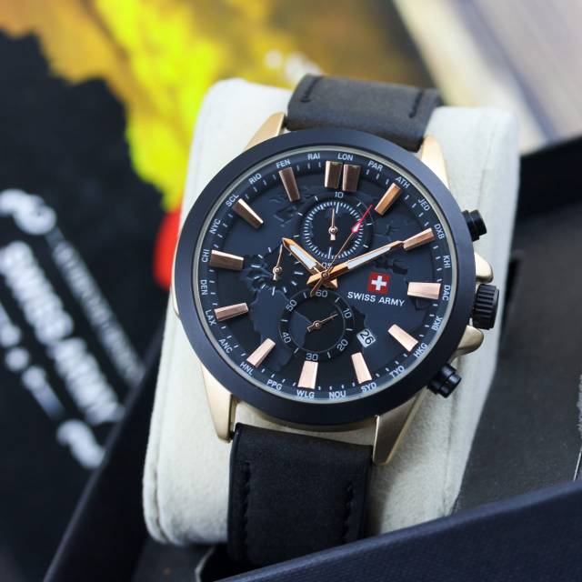 JAM TANGAN PRIA SWISS KULIT CRONO TANGGAL AKTIF || DIAMETER 4.3 CM ||