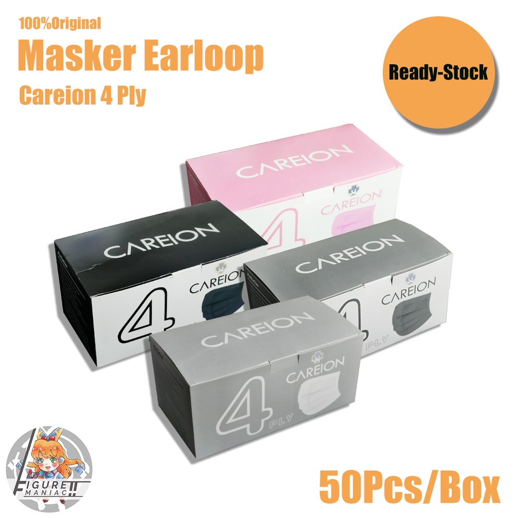 Figure Maniac - Masker Earloop Careion 4 Ply Box isi 50 Pcs Putih Hitam Abu Biru Pink