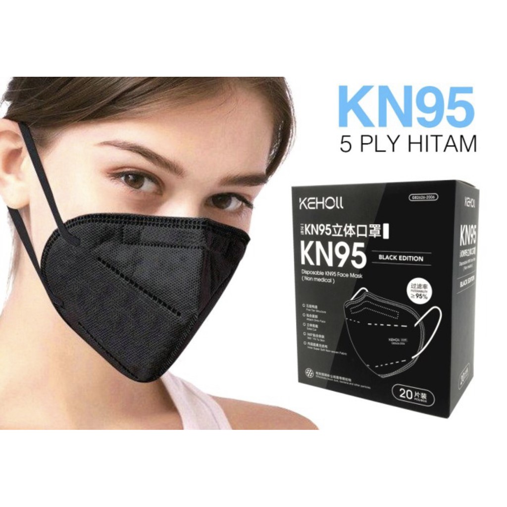 [100% ORIGINAL] MASKER KN95 HITAM 5 PLY KEHOLL KN 95 STERIL MASK MEDIS NON BEDAH KN95 ANTI VIRUS