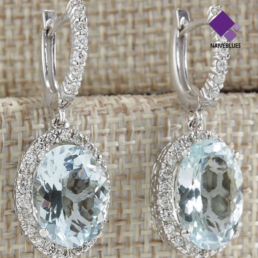 Anting Juntai Bentuk Oval Aksen Aquamarine Tiruan Untuk Wanita