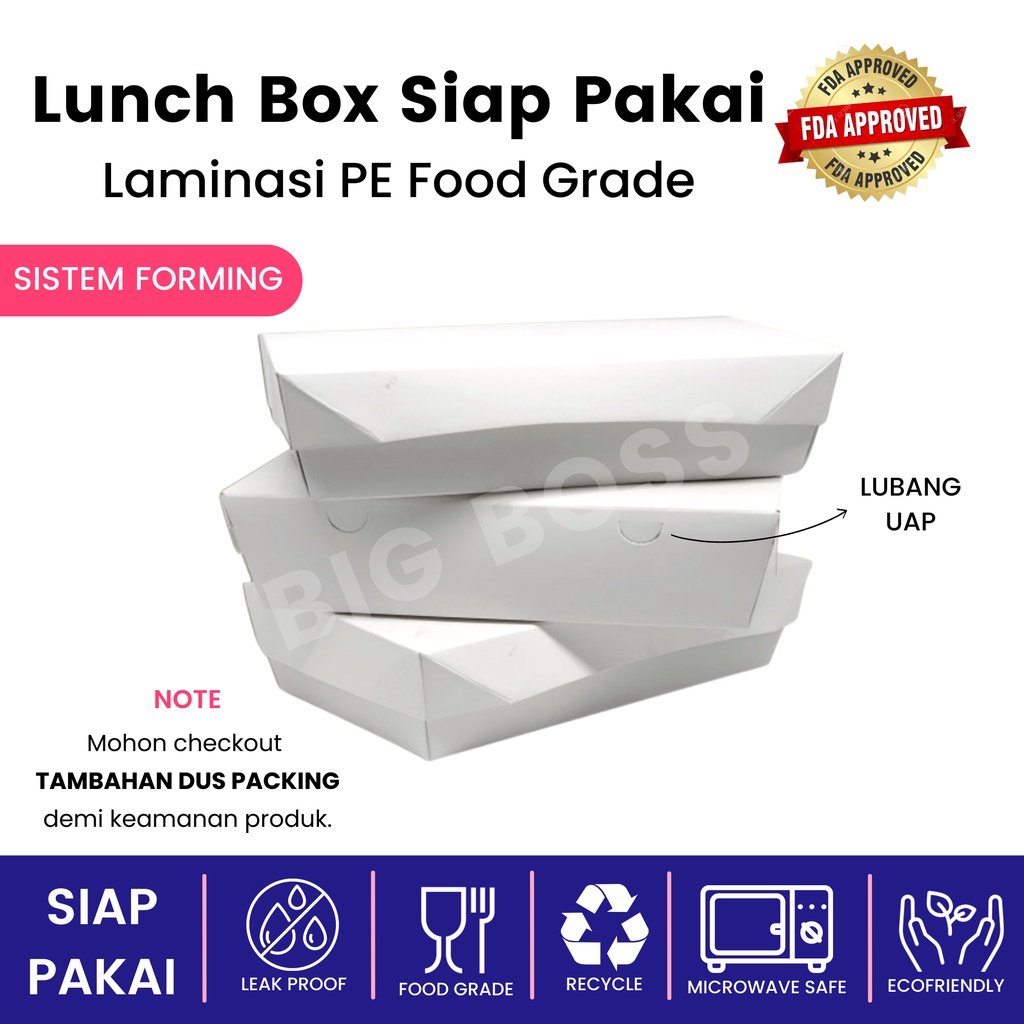 Paper Lunch Box Laminasi Size M L Siap Pakai Ivory Food Grade / Rice Box Takeaway / Kotak Makan Kertas