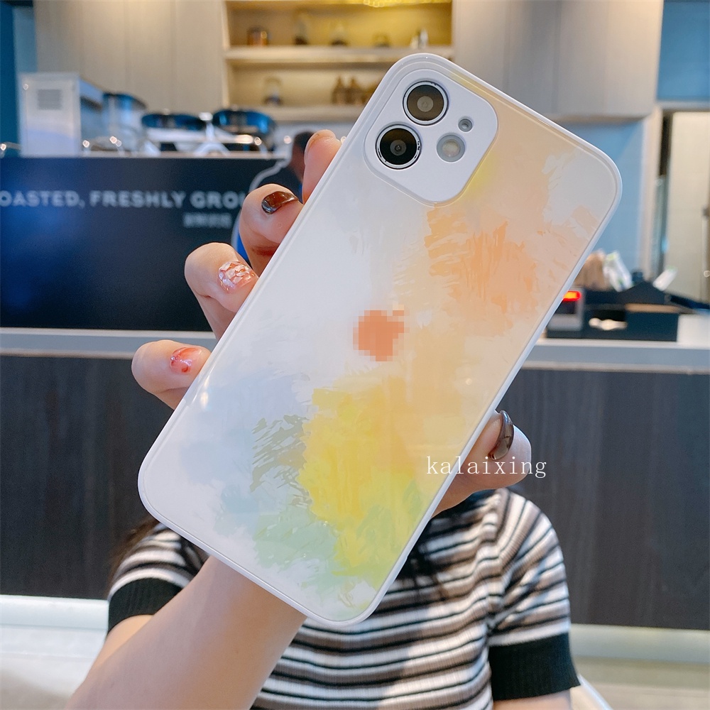 Case Tempered Glass Motif Tinta Artistik Untuk iPhone 13 Pro Max 12 11 Xs Max XR Xs Max 7Plus 8Plus