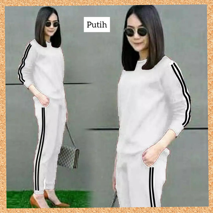 baju olahraga wanita setelan jumbo xl xxl atasan+celana training putih