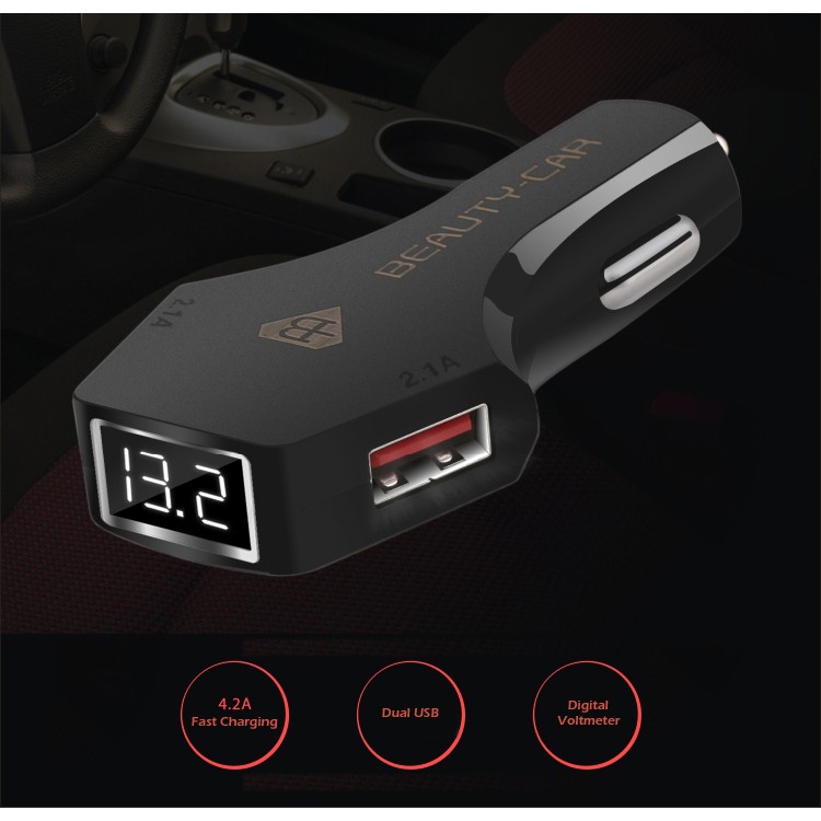 2 in 1 Car Charger Digital Voltmeter LED Display Dual USB 4.2A Cek Aki