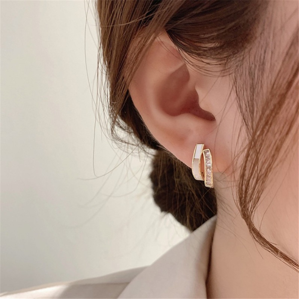 1 Pasang Anting Stud Berlian Imitasi Double Layer Gaya Korea Untuk Wanita